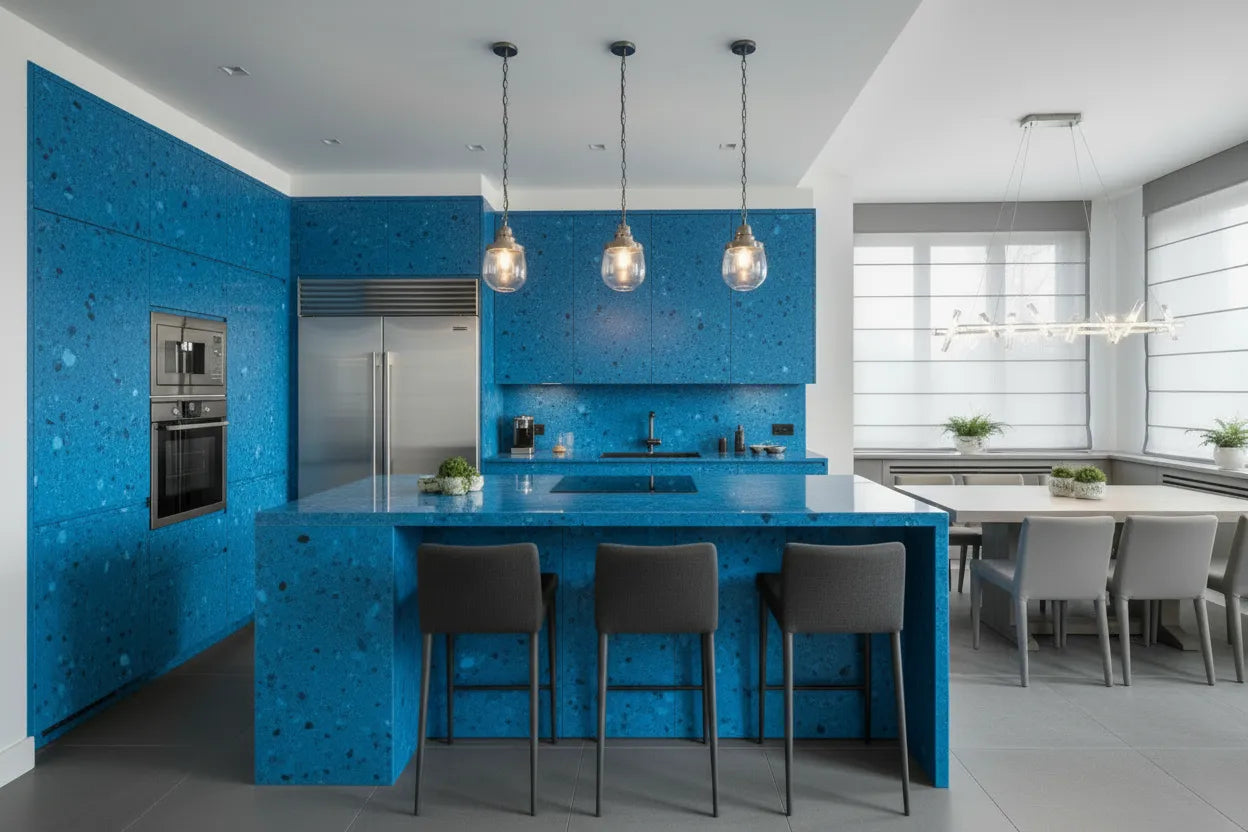 Modern kitchen with blue recycled plastic panels