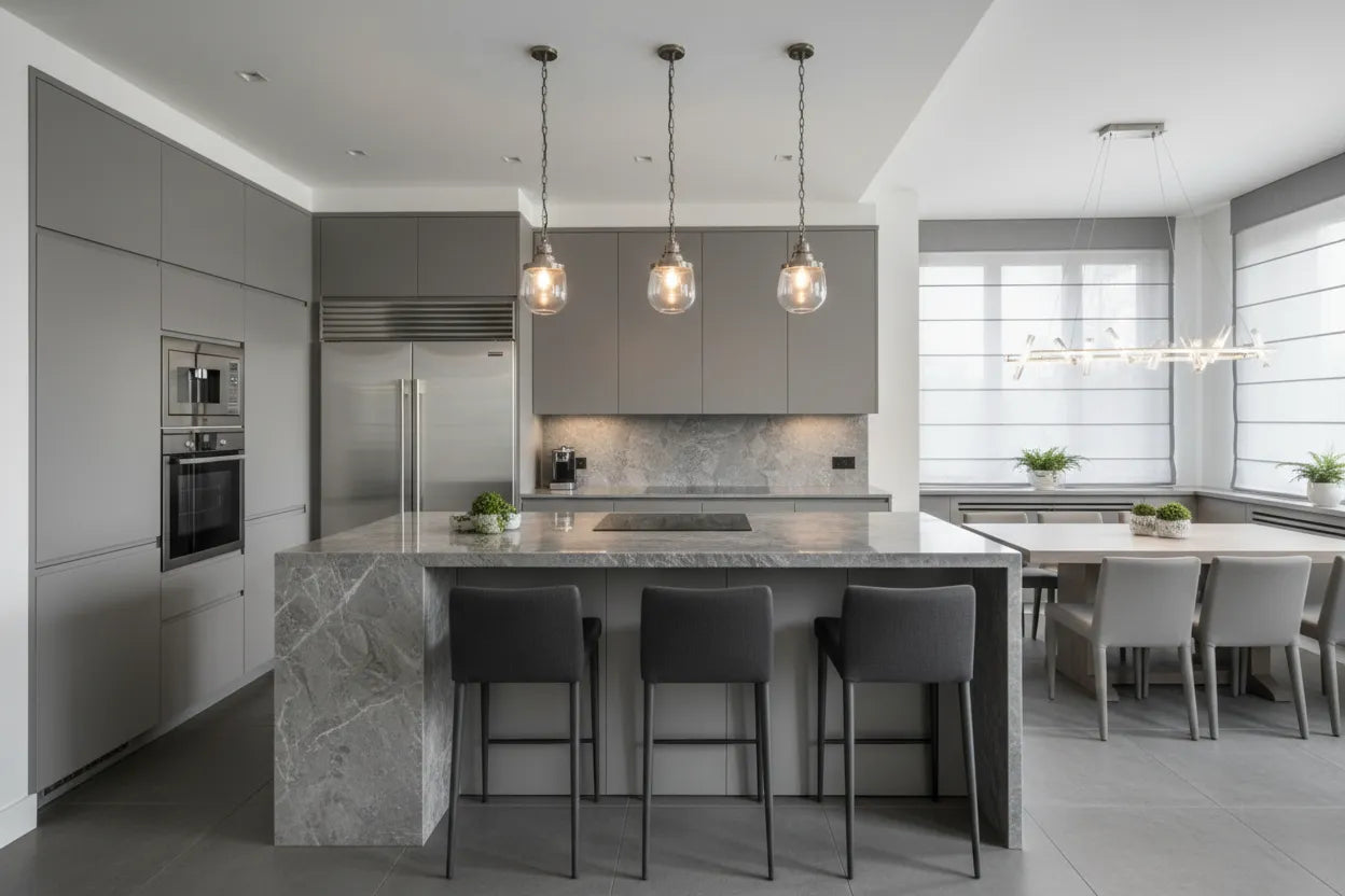 Modern kitchen with gray cabinets, marble island, and pendant lights.