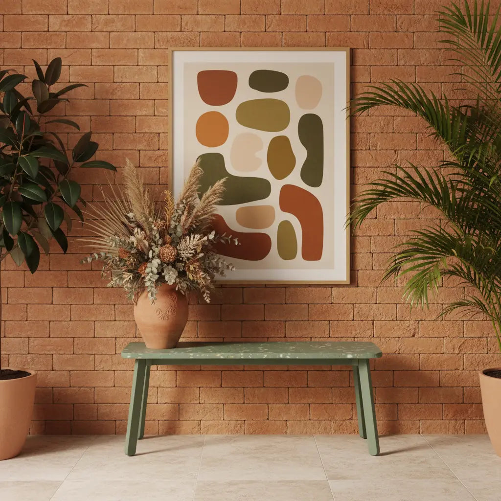 Green recycled plastic bench with speckled panel top against a terracotta brick wall, styled with dried pampas grass in a terracotta vase