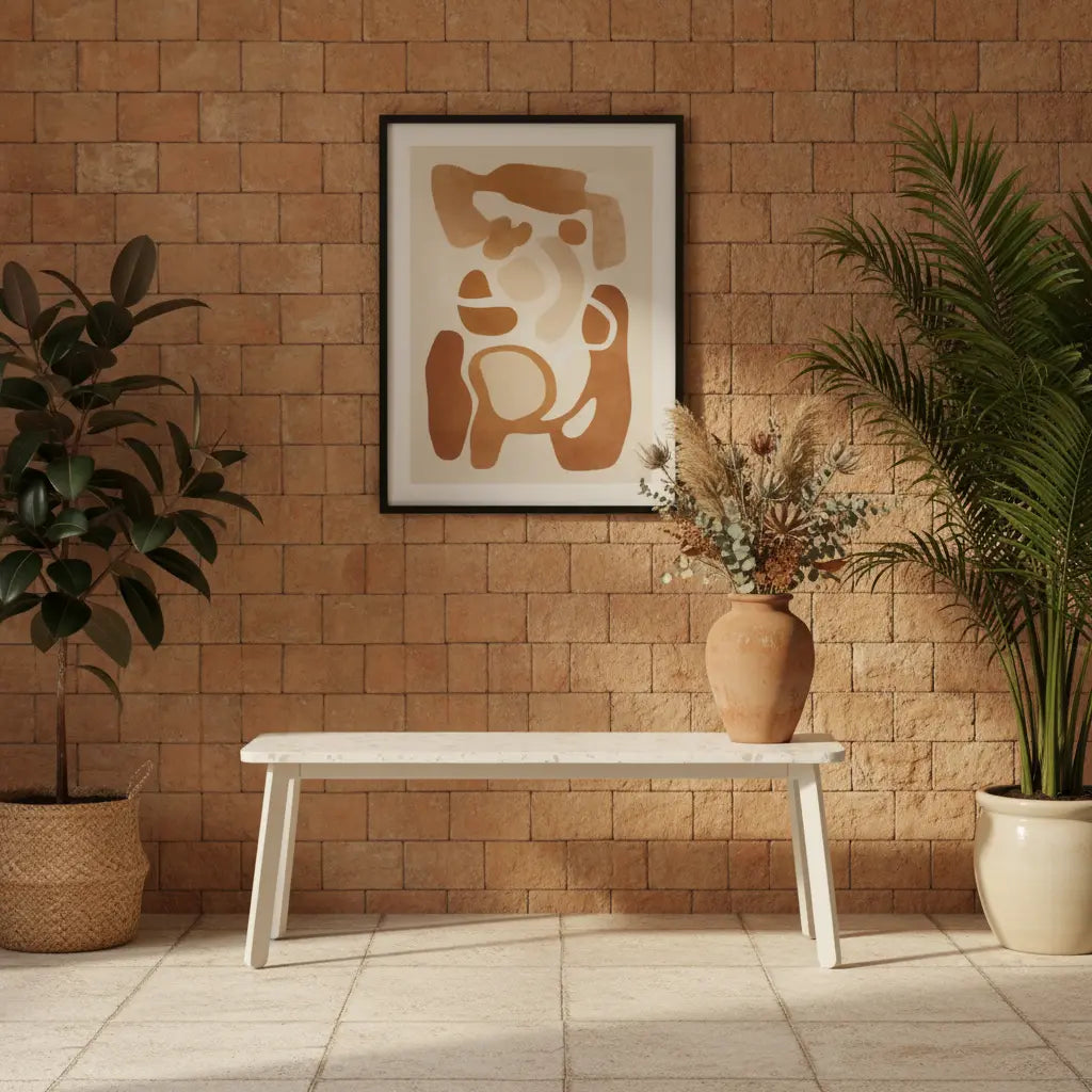 White eco-friendly bench made from recycled plastic panels against a terracotta stone wall, styled with dried florals in a terracotta vase