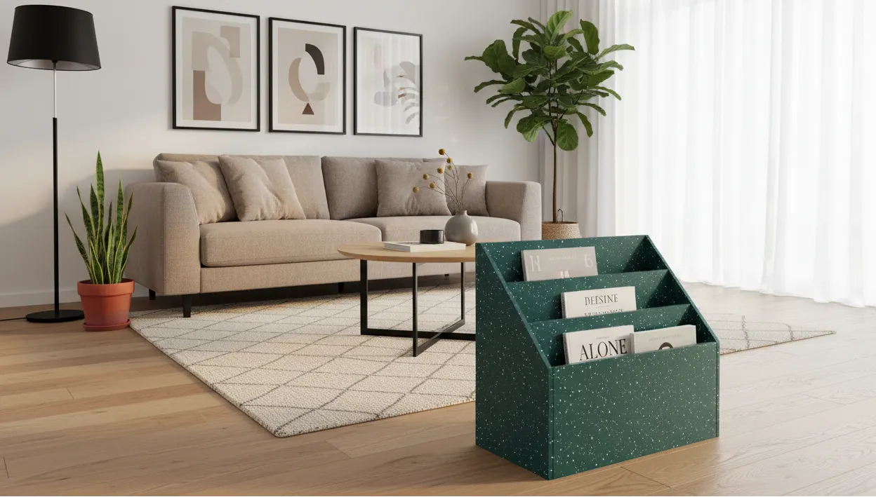 Living room with recycled panel bookstand - Rimalto