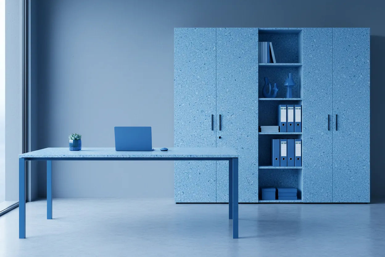 Office made from recycled plastic panels in blue color