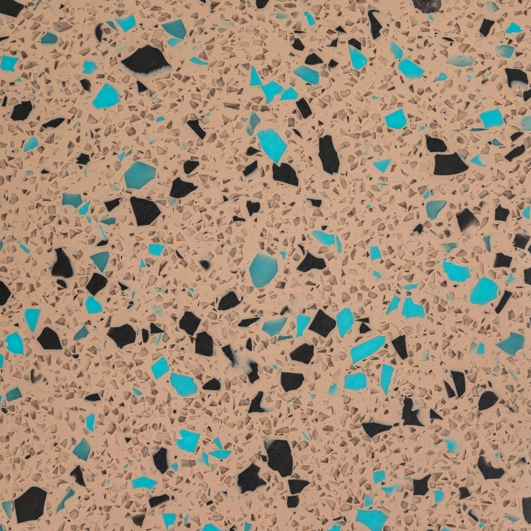 Patterned surface with black, blue, and turquoise specks on a beige background - Polymer sheet