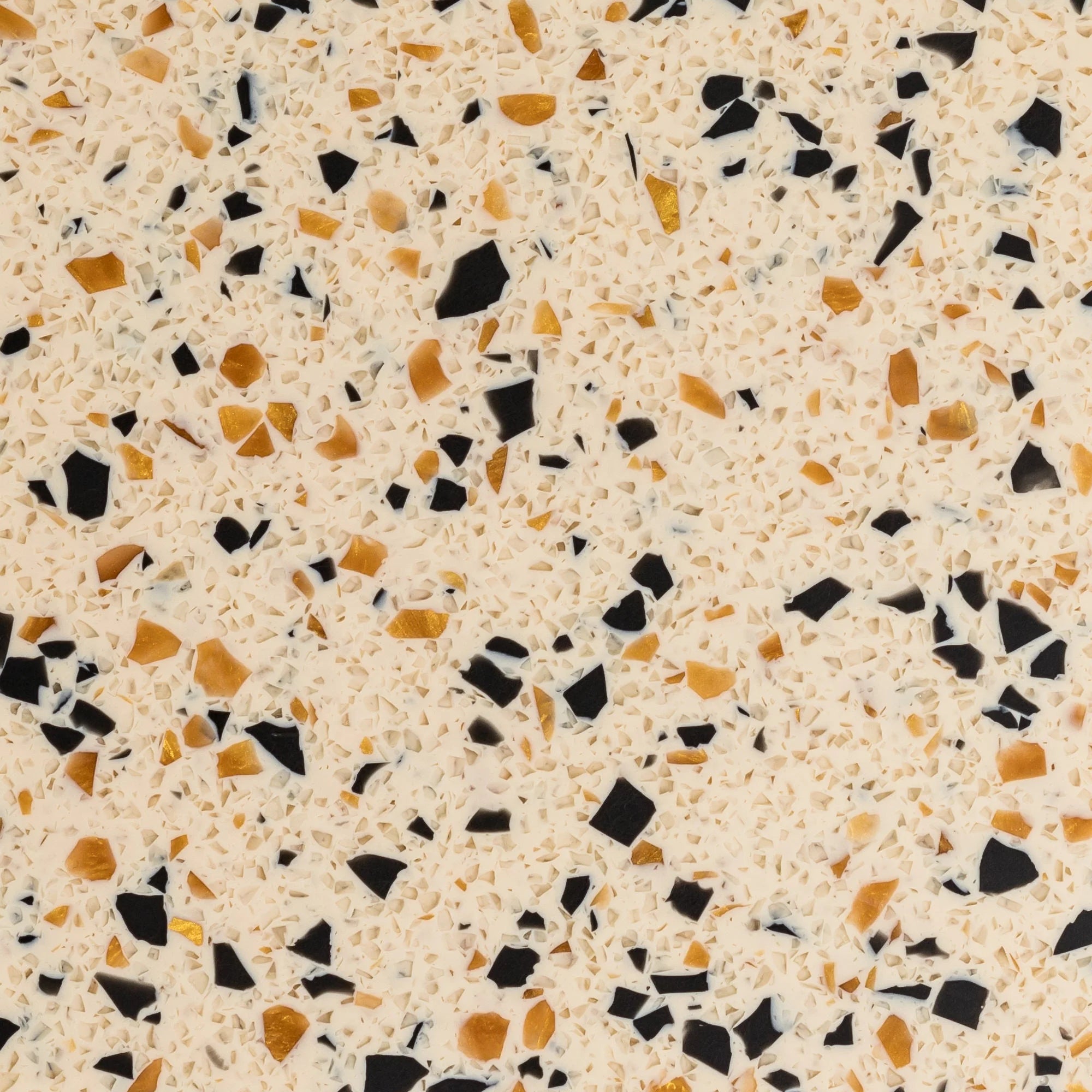 Terrazzo pattern with black, orange, and beige chips on a beige background - Polymer panel