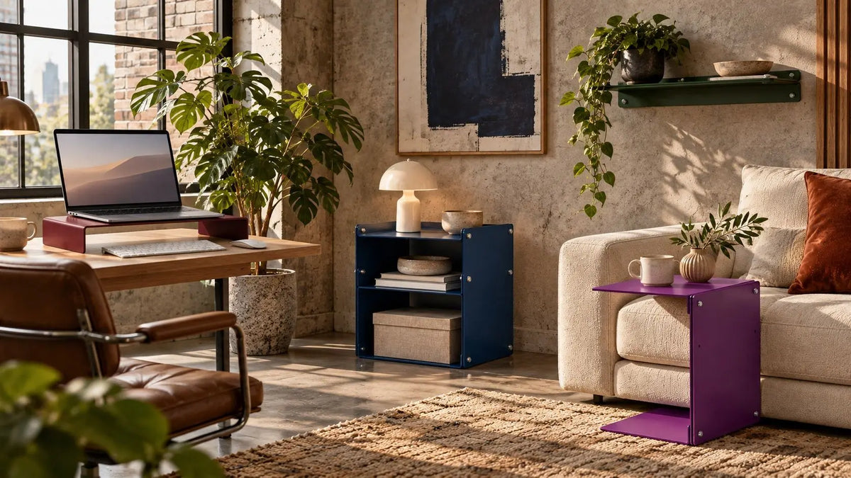 A styled interior room scene with multiple furniture pieces and decor. A cream sofa sits beside a bright purple side table, next to a blue shelving unit, with a wooden desk, laptop, chair, plants, and textured walls in the background. Aluminum high quality furniture. 