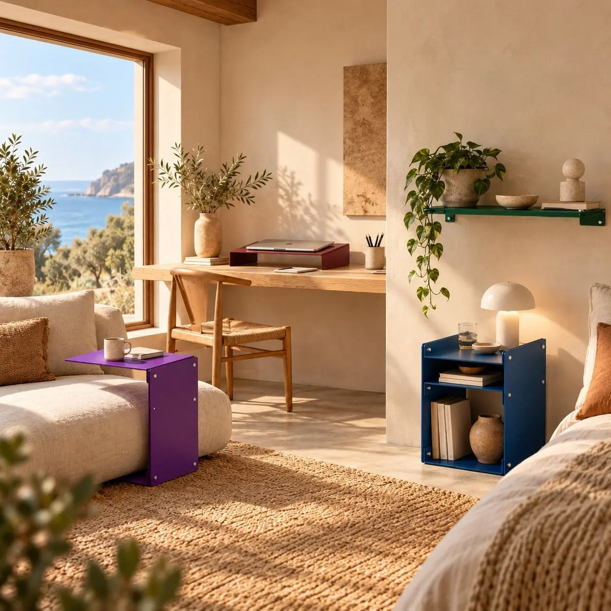 A styled bedroom interior with a bright blue side table holding books and a vase next to a bed, alongside a purple side table by a sofa. The room has warm beige walls, a wooden desk, a window overlooking the ocean, and potted plants. Aluminum furniture and decor