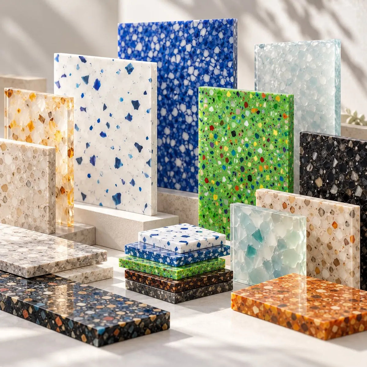 A collection of decorative terrazzo and stone-look glass panels in various colors and speckled patterns, displayed on white pedestals and stacked on the floor in a bright, sunlit studio setting. All made from recycled plastic.
