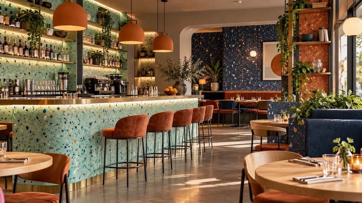 A modern restaurant interior with a turquoise patterned bar counter, orange-brown bar stools, round wooden tables, shelving with bottles and plants, and a dark blue speckled accent wall. All made from recycled plastic panels.