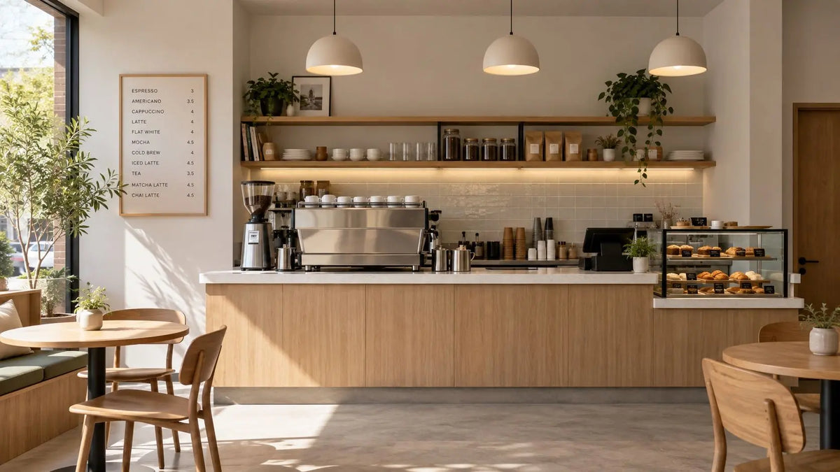 A bright, modern cafe interior with a wood counter, espresso machine, hanging pendant lights, shelves with dishes and plants, and a pastry display case. No people are visible.