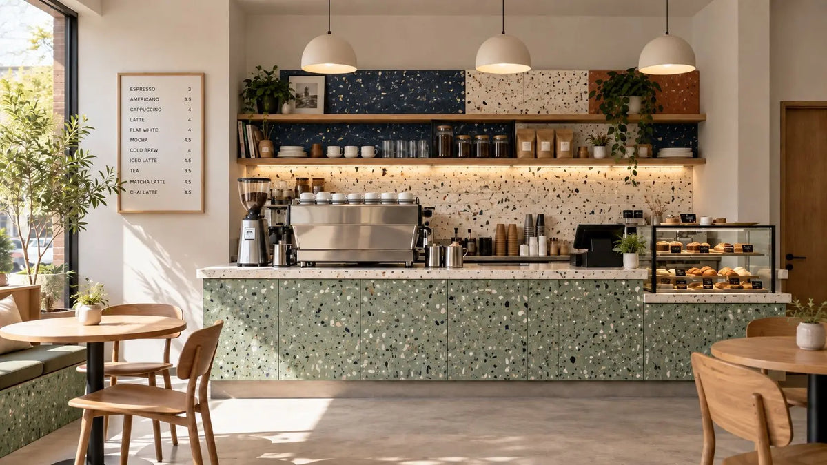 A modern cafe interior with a green terrazzo-patterned counter and matching backsplash, wooden shelving with dishes and plants, pendant lights, tables, chairs, and a pastry display case. All made from recycled plastic panels.