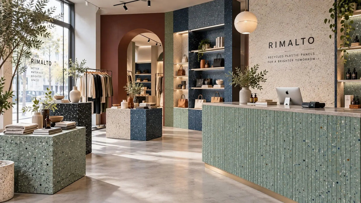 A modern retail showroom interior with RIMALTO branding on the wall and floor, featuring terrazzo-style counters, shelves, and display blocks in green, blue, beige, and brown tones. The space includes a reception desk, hanging pendant lights, clothing racks, and large windows with natural light. All made from recycled plastic panels.