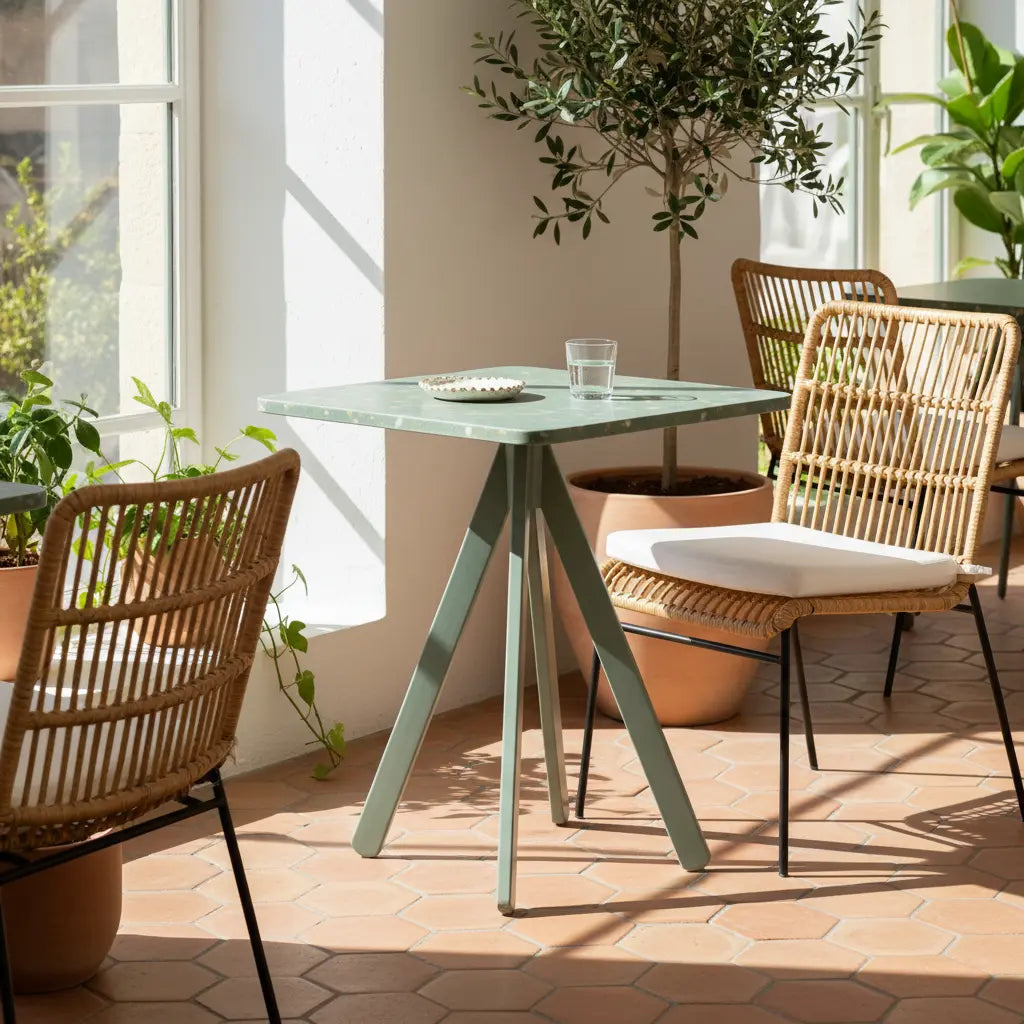 Square green polymer table with speckled panel top on a sunlit terrace, surrounded by rattan chairs and a potted olive tree