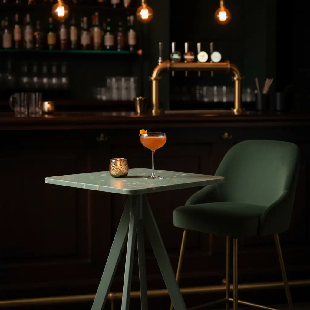 Square green eco-friendly table made from recycled plastic panels in a dark bar setting, styled with a velvet chair and citrus-garnished cocktail