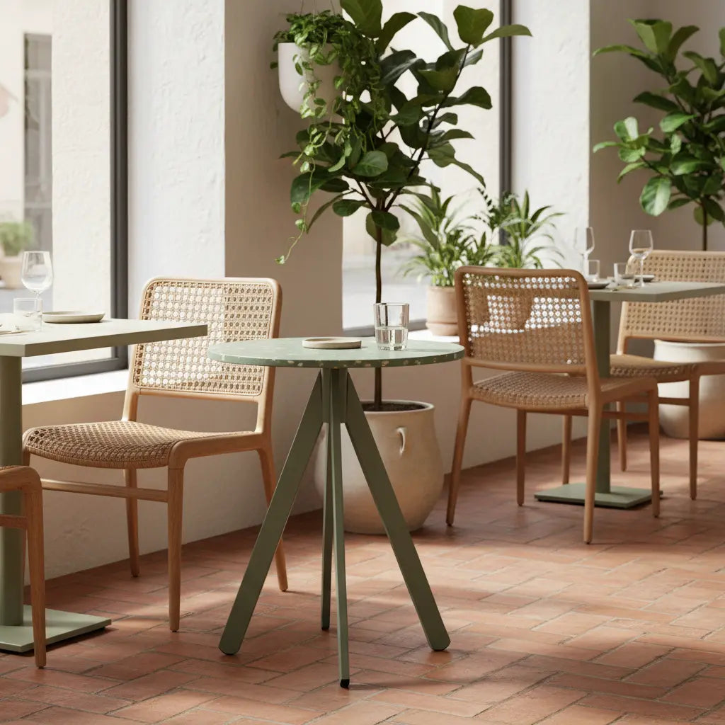 Round green recycled plastic table with tripod base in a HoReCa dining space, surrounded by rattan chairs and potted greenery