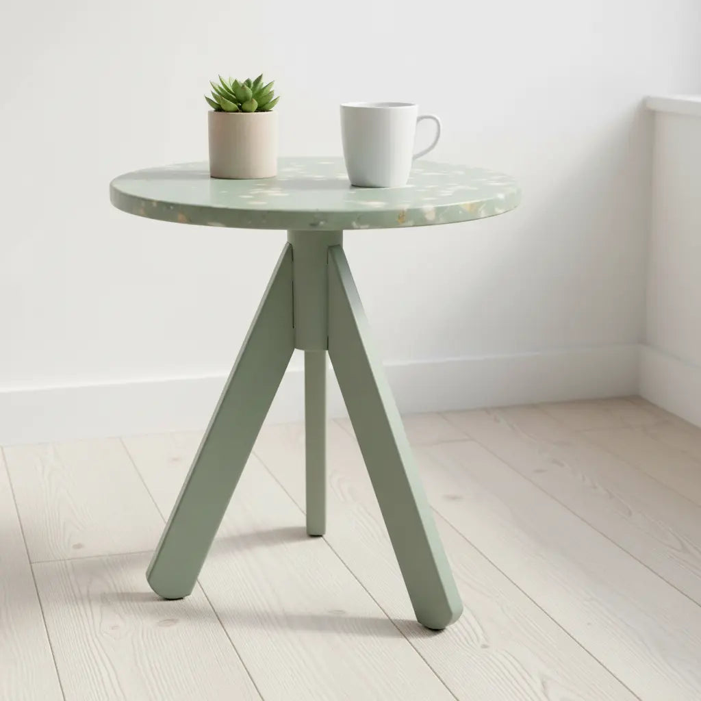 Close-up of a green recycled plastic side table top with speckled panel finish, styled with a succulent and white mug